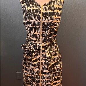 Tahari Black and Beige Printed Zip-Front Midi Dress with Tie Belt
